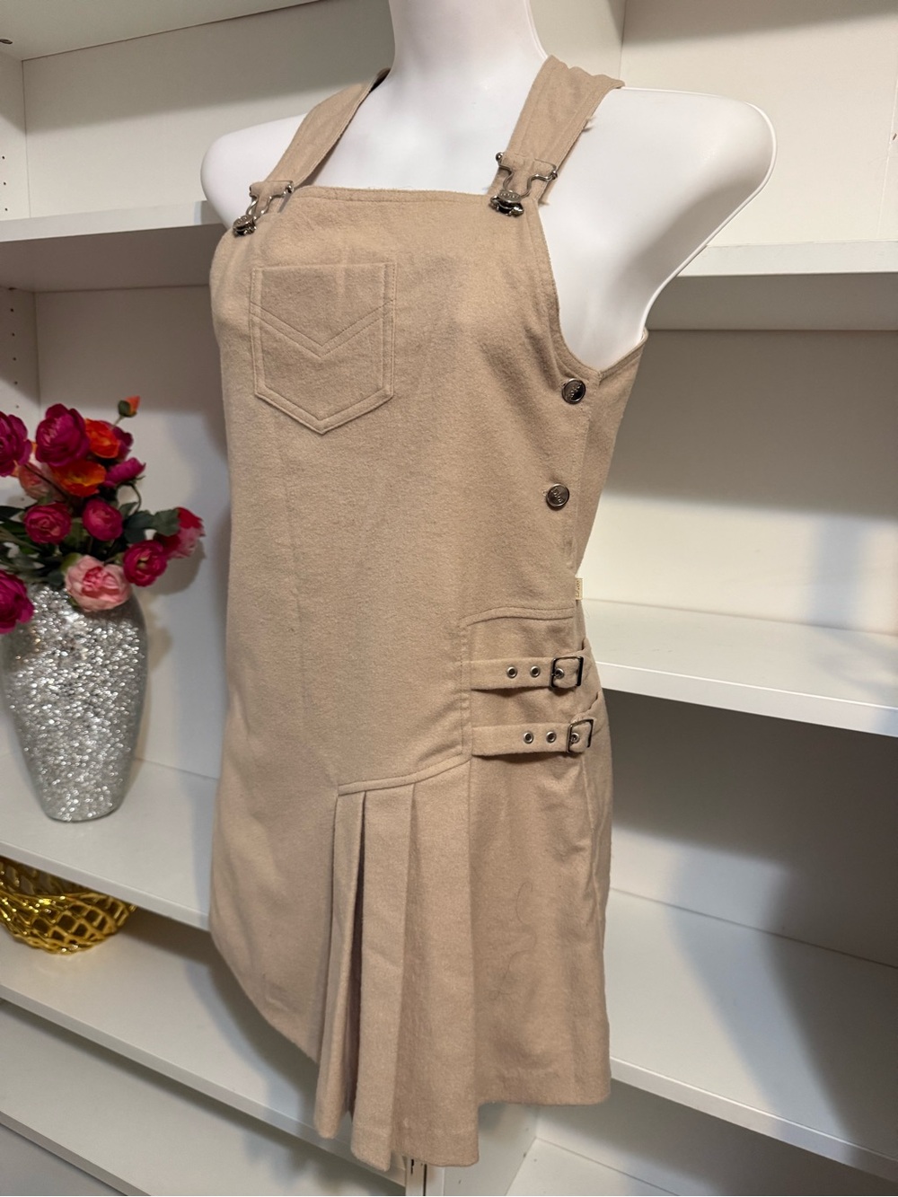 Christian DIOR Beige Pinafore Mini Dress with Pleated Side (12A)See Measurements - Picture 2 of 16
